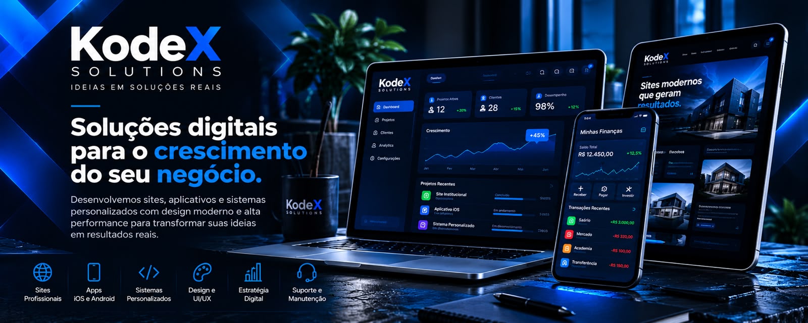 Conceito visual da KodeX com interfaces de sites, sistemas e aplicativos em notebook, tablet e celular