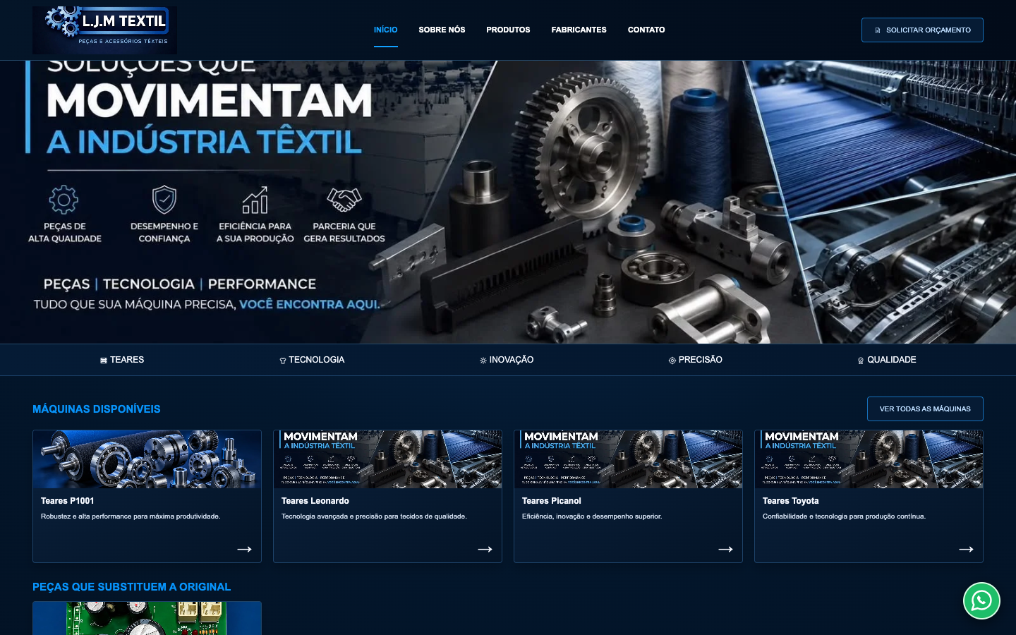 Site da LJM Têxtil publicado, com identidade azul-escura, peças industriais e catálogo de máquinas